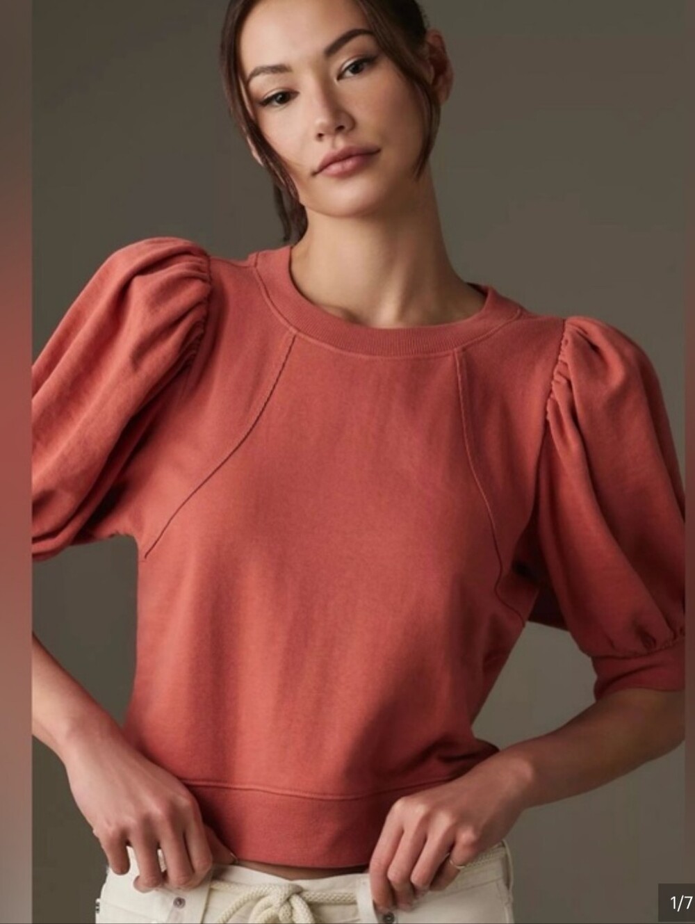 Anthropologie Maeve Puff-Sleeve Short Sweatshirt in Rust Red
